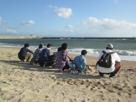 ツアー参加者のうちの7人が、浜辺でしゃがんで海の方を向いている様子を、背中から撮った写真