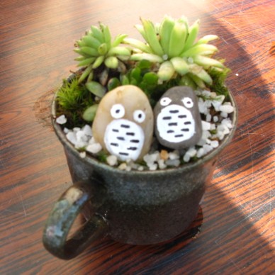 マグカップの鉢に、ヤネバンダイソウ・苔とト◯ロ風に彩色した小石「トロちゃん」の寄せ植え