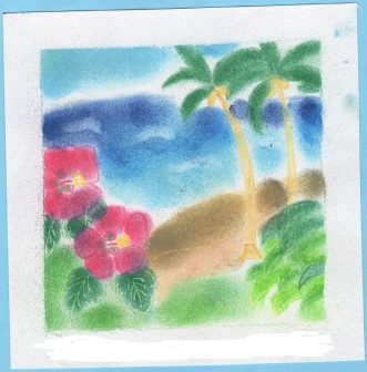 海・ヤシの木・ハイビスカスのある風景のパステルアート